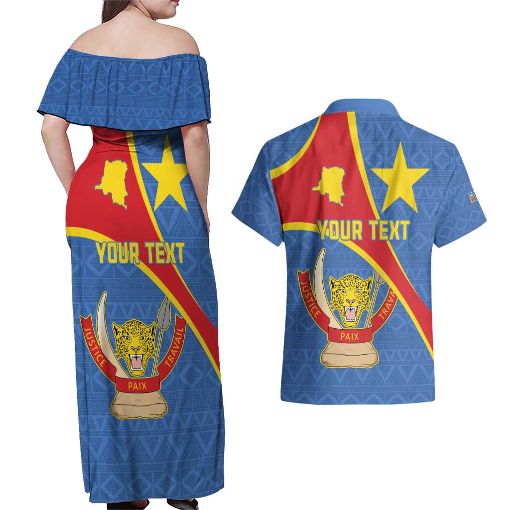 Personalised DR Congo Couples Matching Off Shoulder Maxi Dress and Hawaiian Shirt Coat Of Arms African Pattern