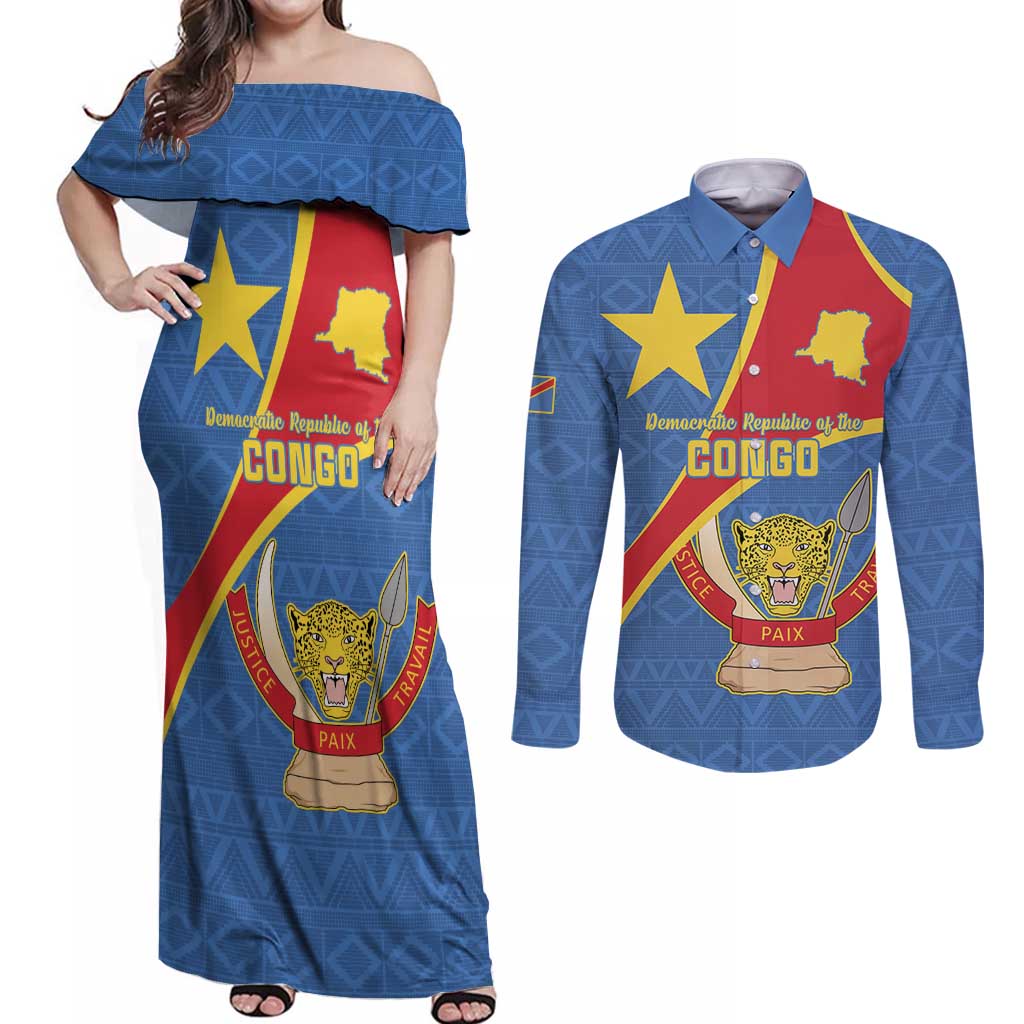 Personalised DR Congo Couples Matching Off Shoulder Maxi Dress and Long Sleeve Button Shirt Coat Of Arms African Pattern