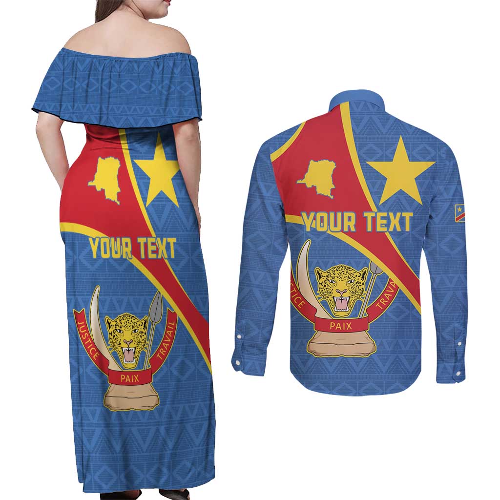 Personalised DR Congo Couples Matching Off Shoulder Maxi Dress and Long Sleeve Button Shirt Coat Of Arms African Pattern