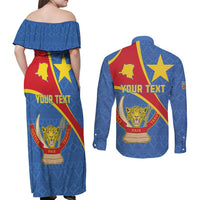 Personalised DR Congo Couples Matching Off Shoulder Maxi Dress and Long Sleeve Button Shirt Coat Of Arms African Pattern