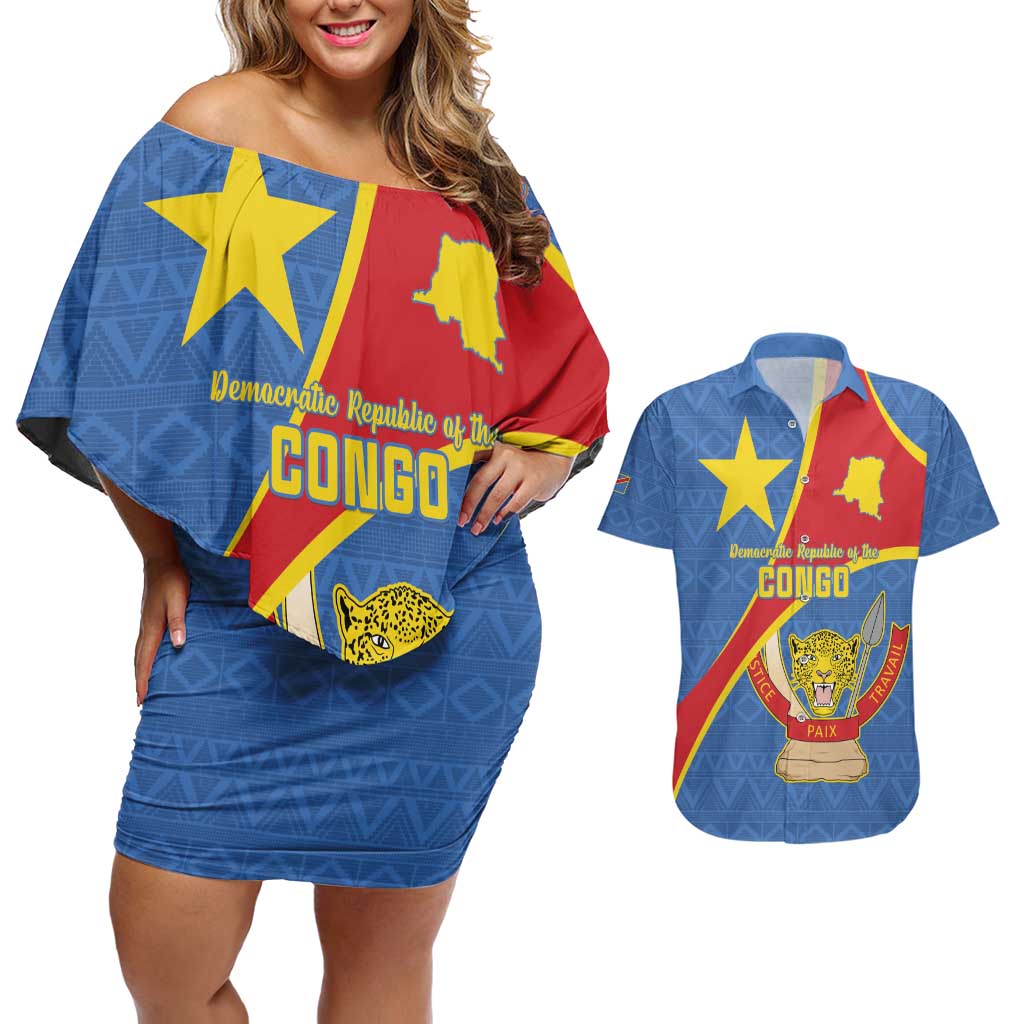 Personalised DR Congo Couples Matching Off Shoulder Short Dress and Hawaiian Shirt Coat Of Arms African Pattern