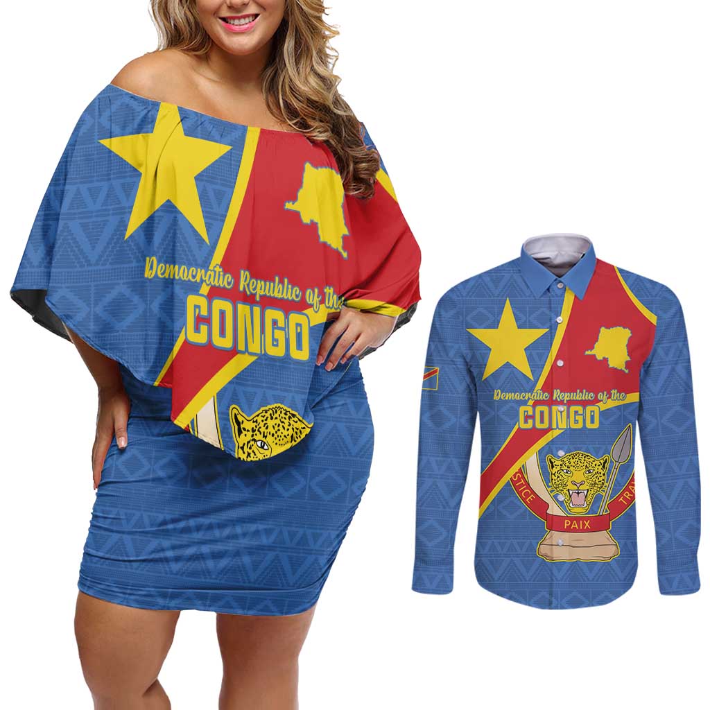 Personalised DR Congo Couples Matching Off Shoulder Short Dress and Long Sleeve Button Shirt Coat Of Arms African Pattern