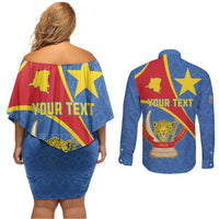 Personalised DR Congo Couples Matching Off Shoulder Short Dress and Long Sleeve Button Shirt Coat Of Arms African Pattern