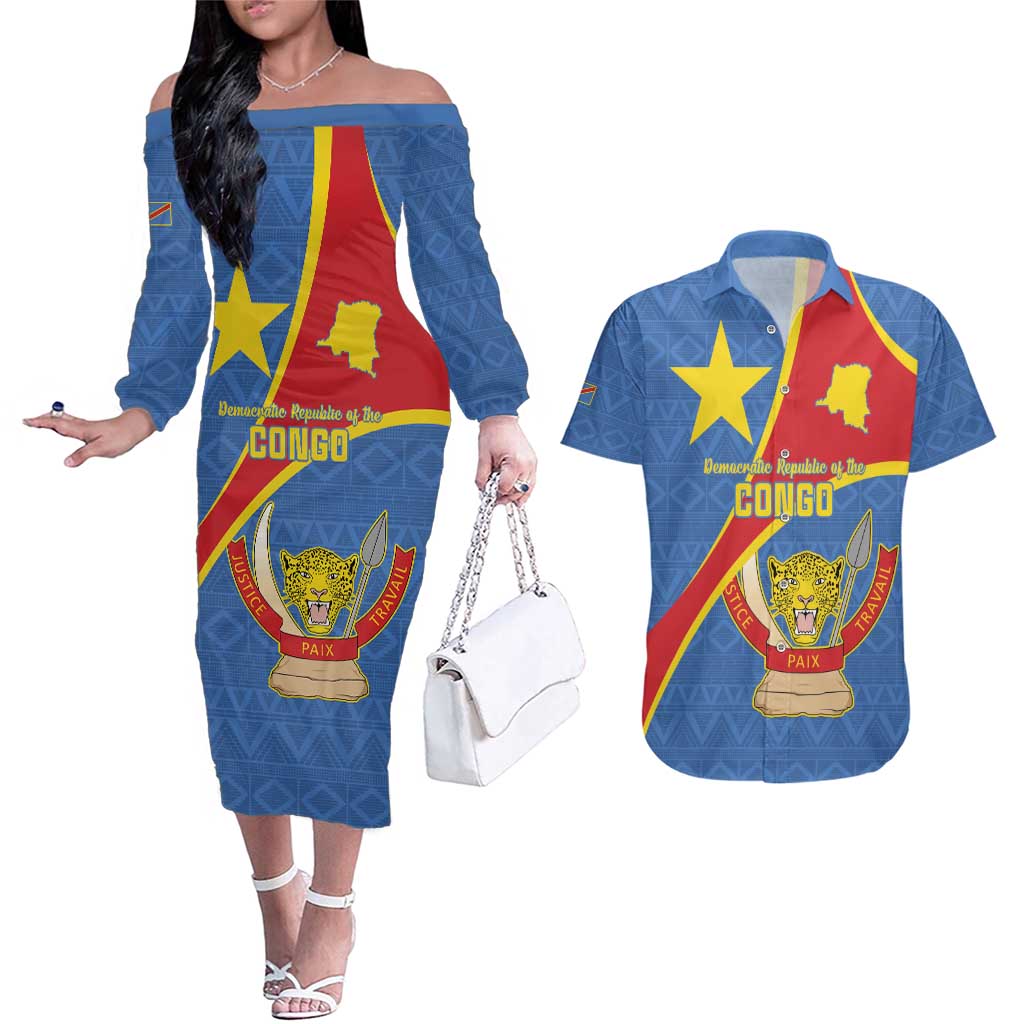 Personalised DR Congo Couples Matching Off The Shoulder Long Sleeve Dress and Hawaiian Shirt Coat Of Arms African Pattern