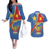 Personalised DR Congo Couples Matching Off The Shoulder Long Sleeve Dress and Hawaiian Shirt Coat Of Arms African Pattern