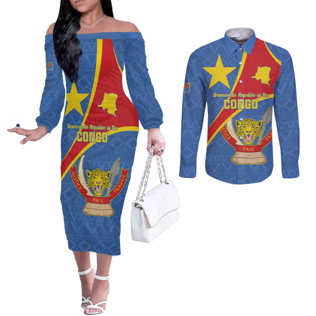 Personalised DR Congo Couples Matching Off The Shoulder Long Sleeve Dress and Long Sleeve Button Shirt Coat Of Arms African Pattern