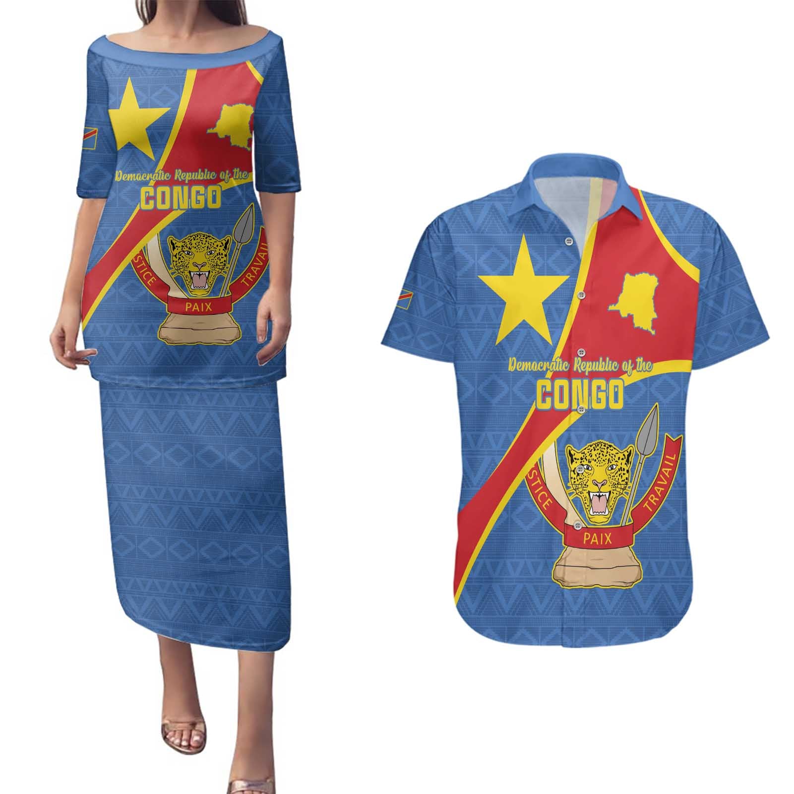 Personalised DR Congo Couples Matching Puletasi and Hawaiian Shirt Coat Of Arms African Pattern