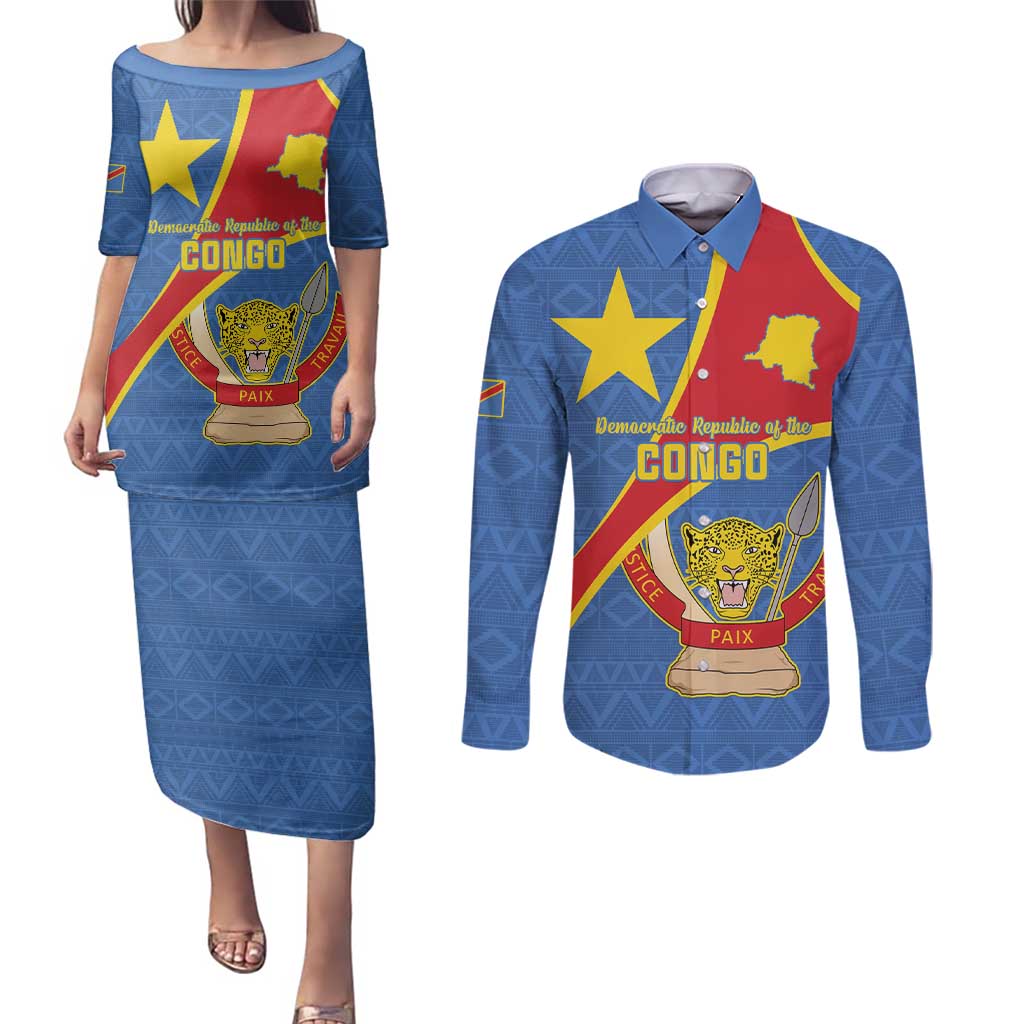 Personalised DR Congo Couples Matching Puletasi and Long Sleeve Button Shirt Coat Of Arms African Pattern