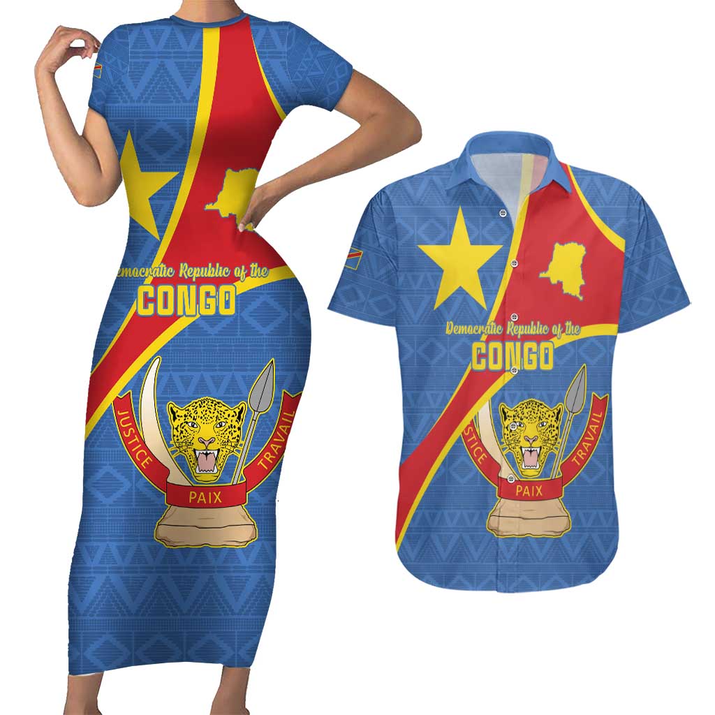 Personalised DR Congo Couples Matching Short Sleeve Bodycon Dress and Hawaiian Shirt Coat Of Arms African Pattern