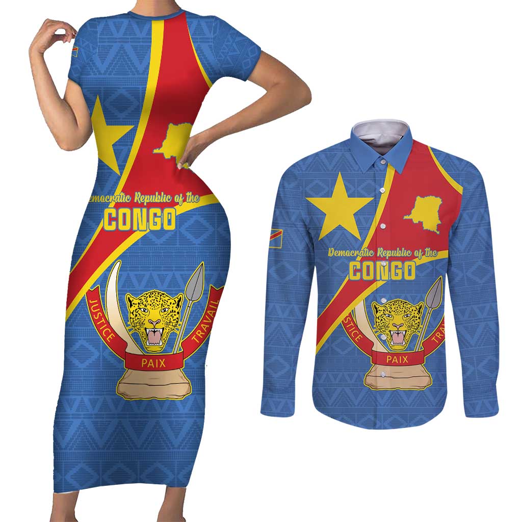 Personalised DR Congo Couples Matching Short Sleeve Bodycon Dress and Long Sleeve Button Shirt Coat Of Arms African Pattern