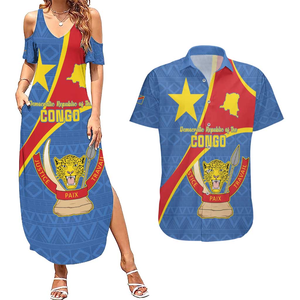 Personalised DR Congo Couples Matching Summer Maxi Dress and Hawaiian Shirt Coat Of Arms African Pattern