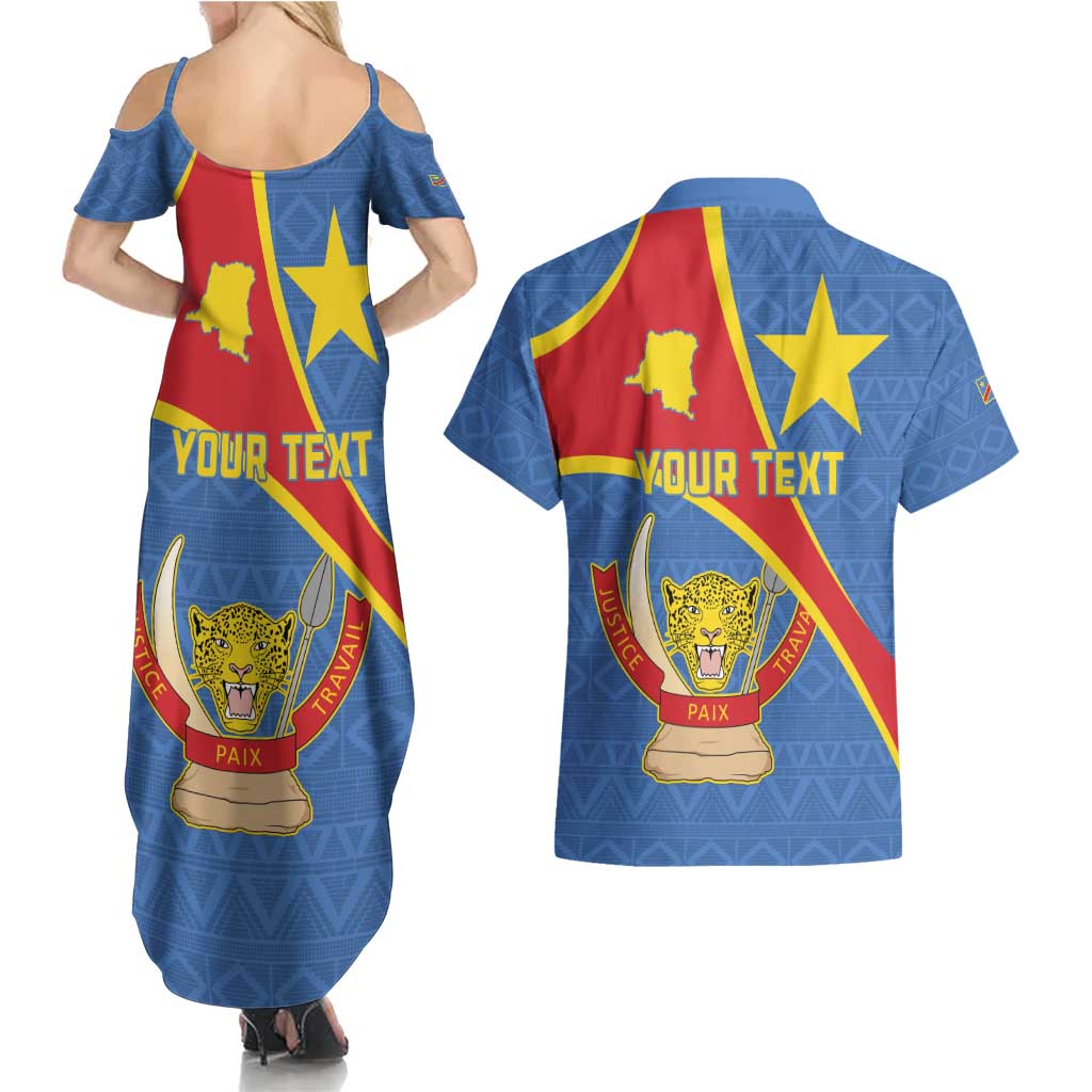 Personalised DR Congo Couples Matching Summer Maxi Dress and Hawaiian Shirt Coat Of Arms African Pattern
