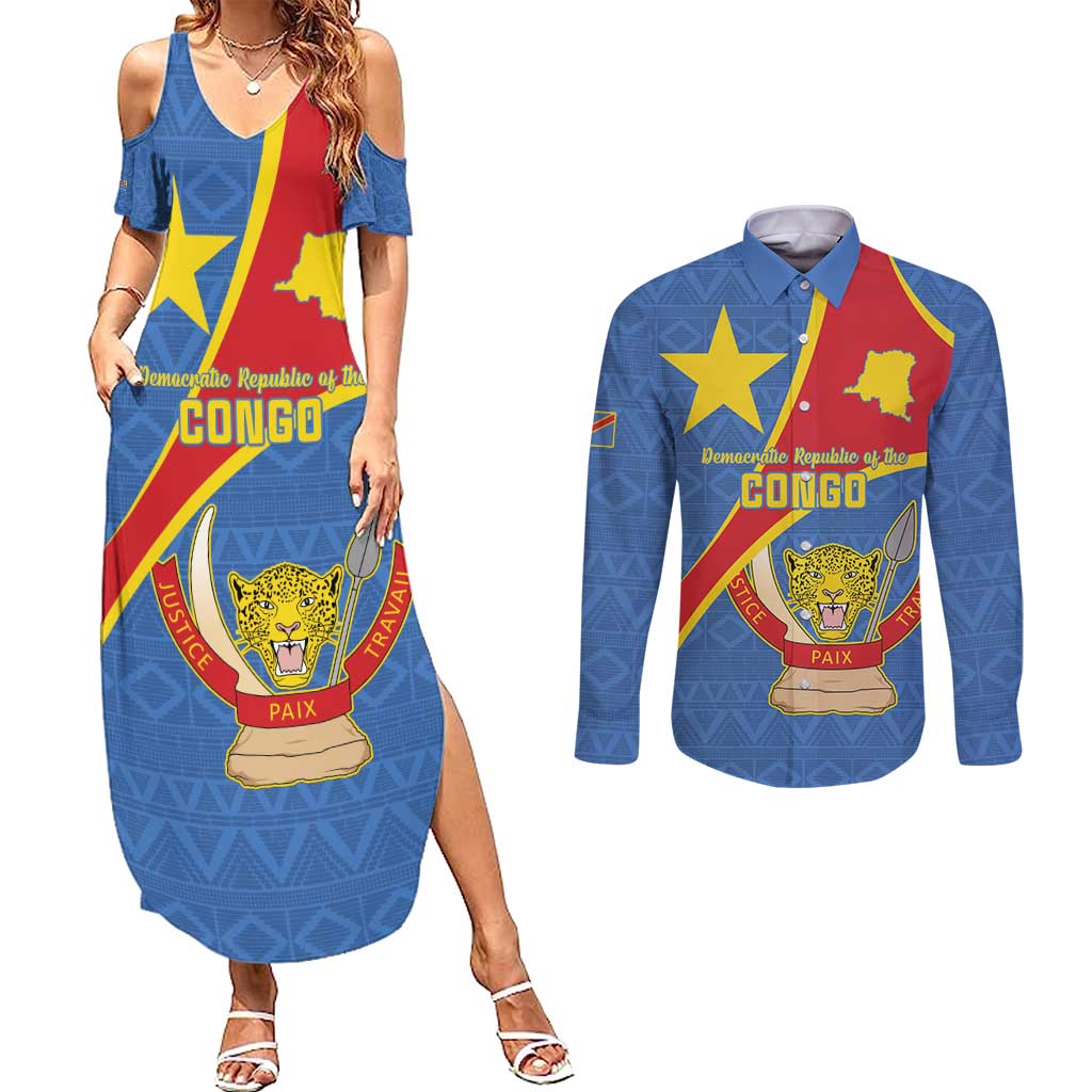Personalised DR Congo Couples Matching Summer Maxi Dress and Long Sleeve Button Shirt Coat Of Arms African Pattern