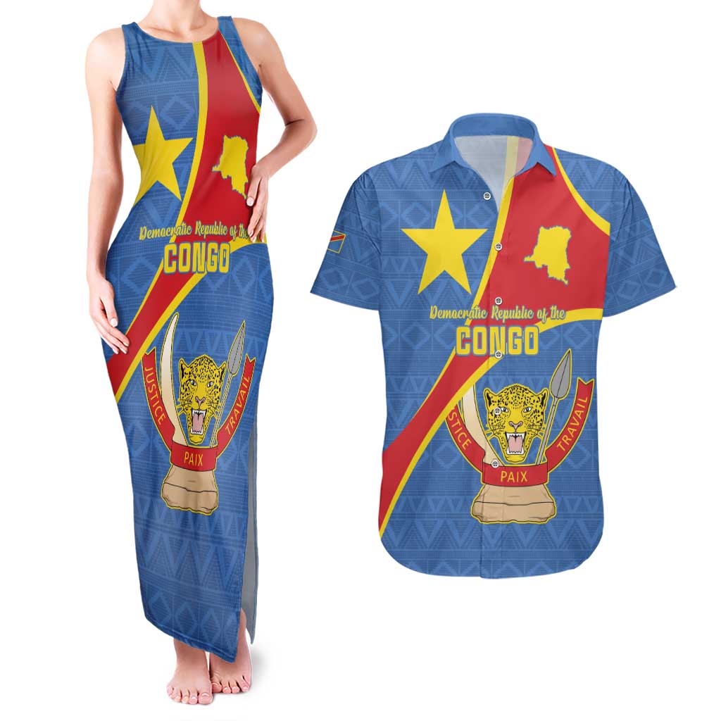 Personalised DR Congo Couples Matching Tank Maxi Dress and Hawaiian Shirt Coat Of Arms African Pattern