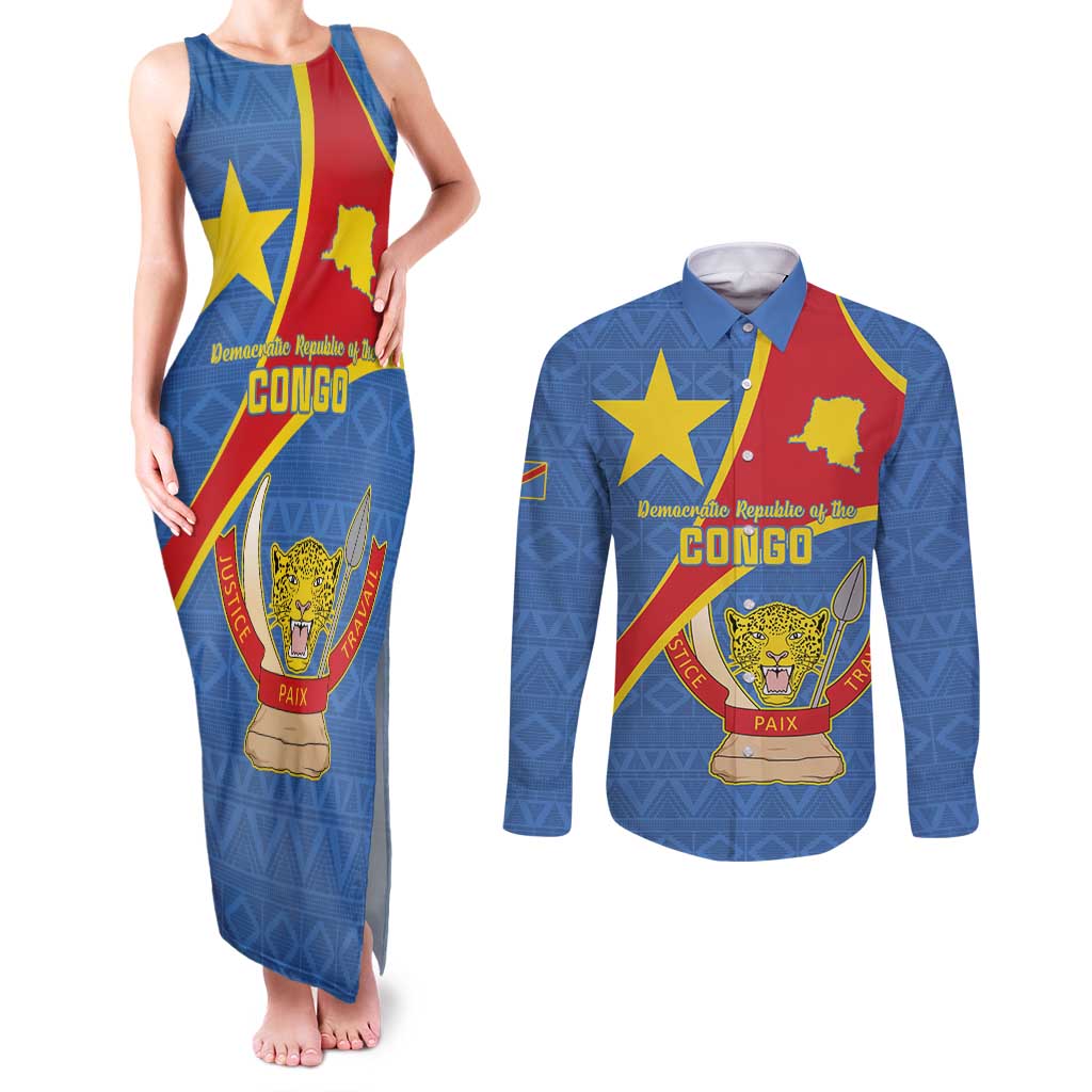 Personalised DR Congo Couples Matching Tank Maxi Dress and Long Sleeve Button Shirt Coat Of Arms African Pattern