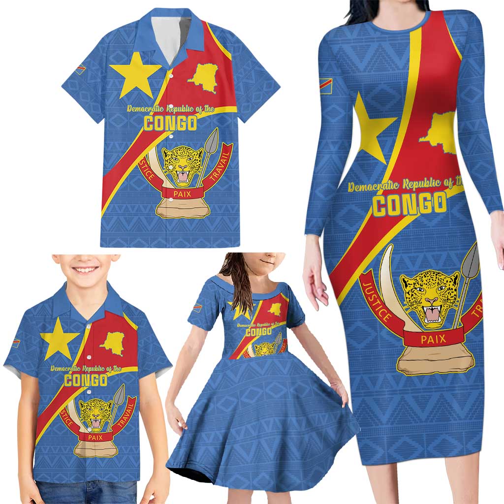 Personalised DR Congo Family Matching Long Sleeve Bodycon Dress and Hawaiian Shirt Coat Of Arms African Pattern