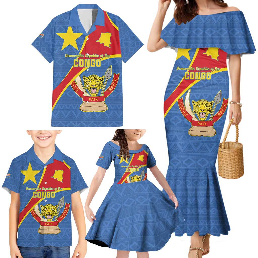 Personalised DR Congo Family Matching Mermaid Dress and Hawaiian Shirt Coat Of Arms African Pattern