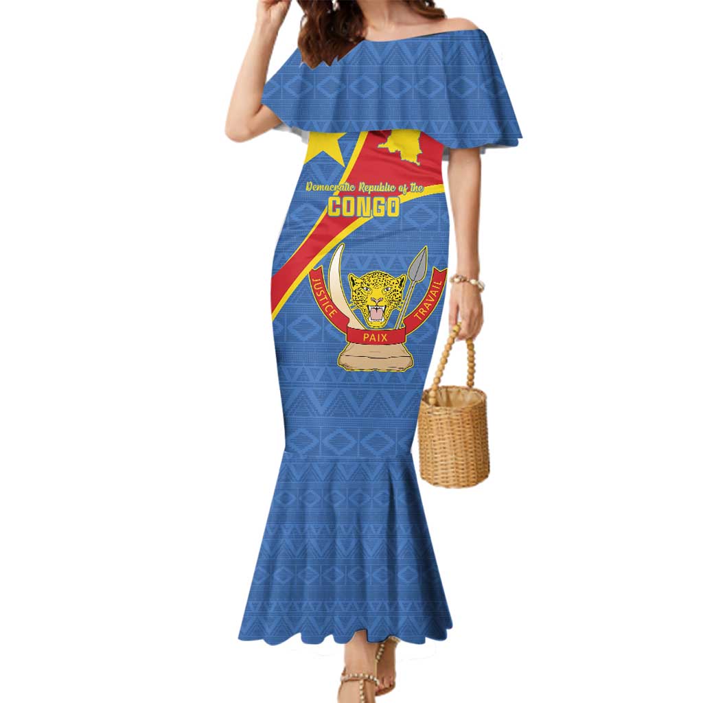 Personalised DR Congo Family Matching Mermaid Dress and Hawaiian Shirt Coat Of Arms African Pattern