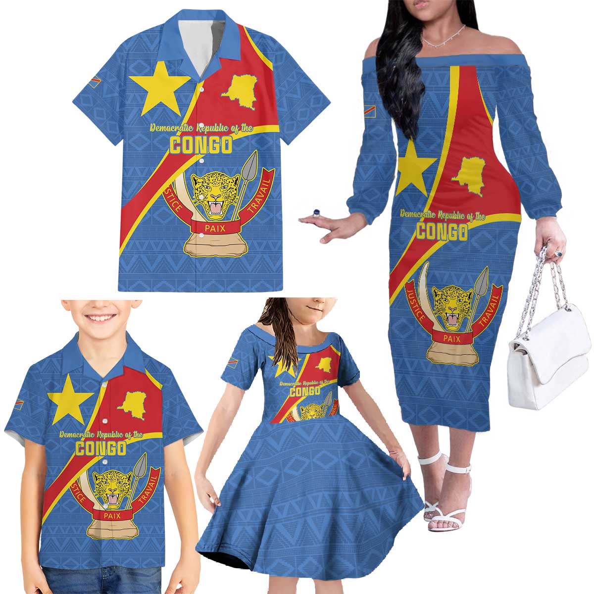 Personalised DR Congo Family Matching Off The Shoulder Long Sleeve Dress and Hawaiian Shirt Coat Of Arms African Pattern