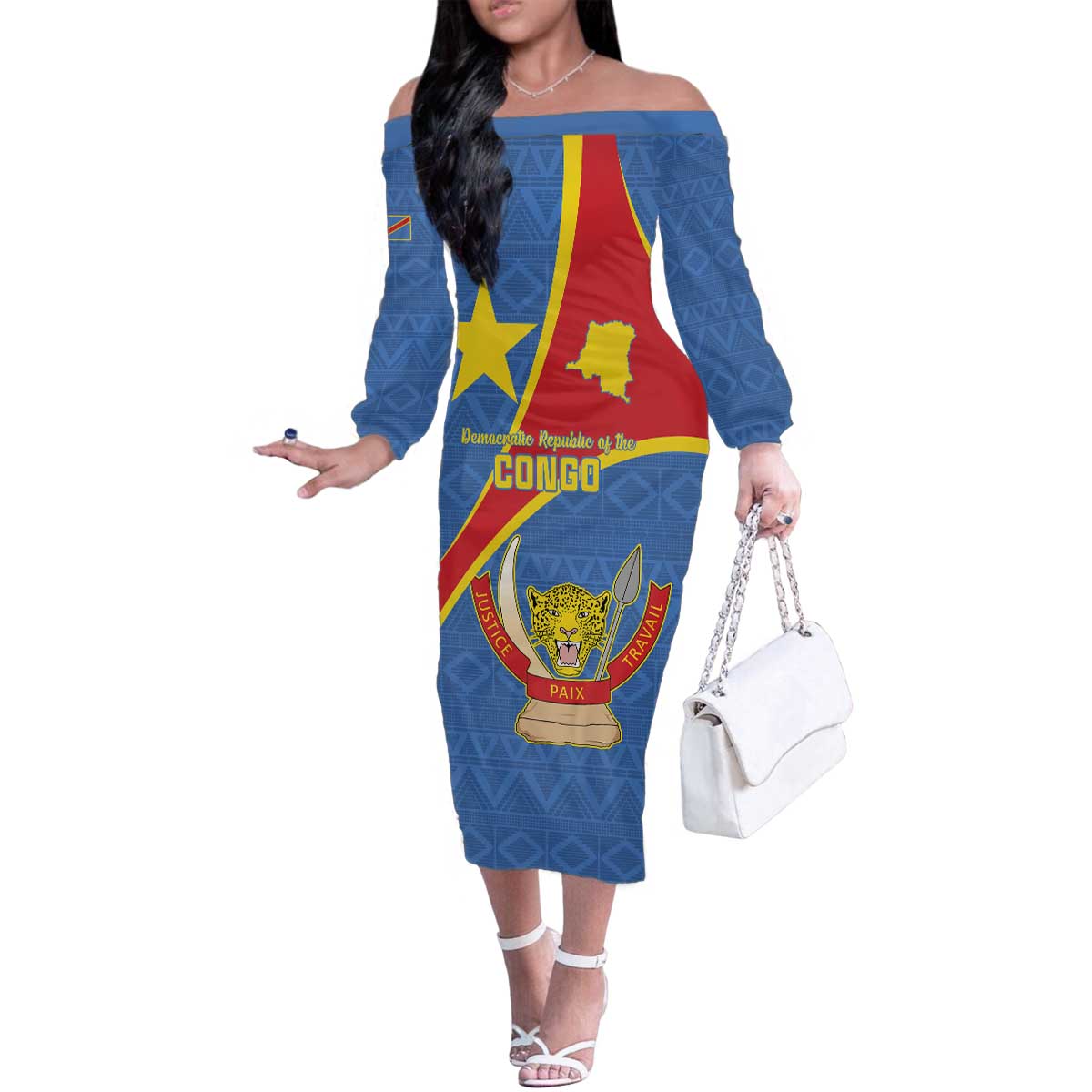 Personalised DR Congo Family Matching Off The Shoulder Long Sleeve Dress and Hawaiian Shirt Coat Of Arms African Pattern