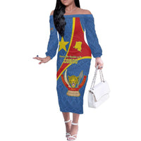 Personalised DR Congo Family Matching Off The Shoulder Long Sleeve Dress and Hawaiian Shirt Coat Of Arms African Pattern