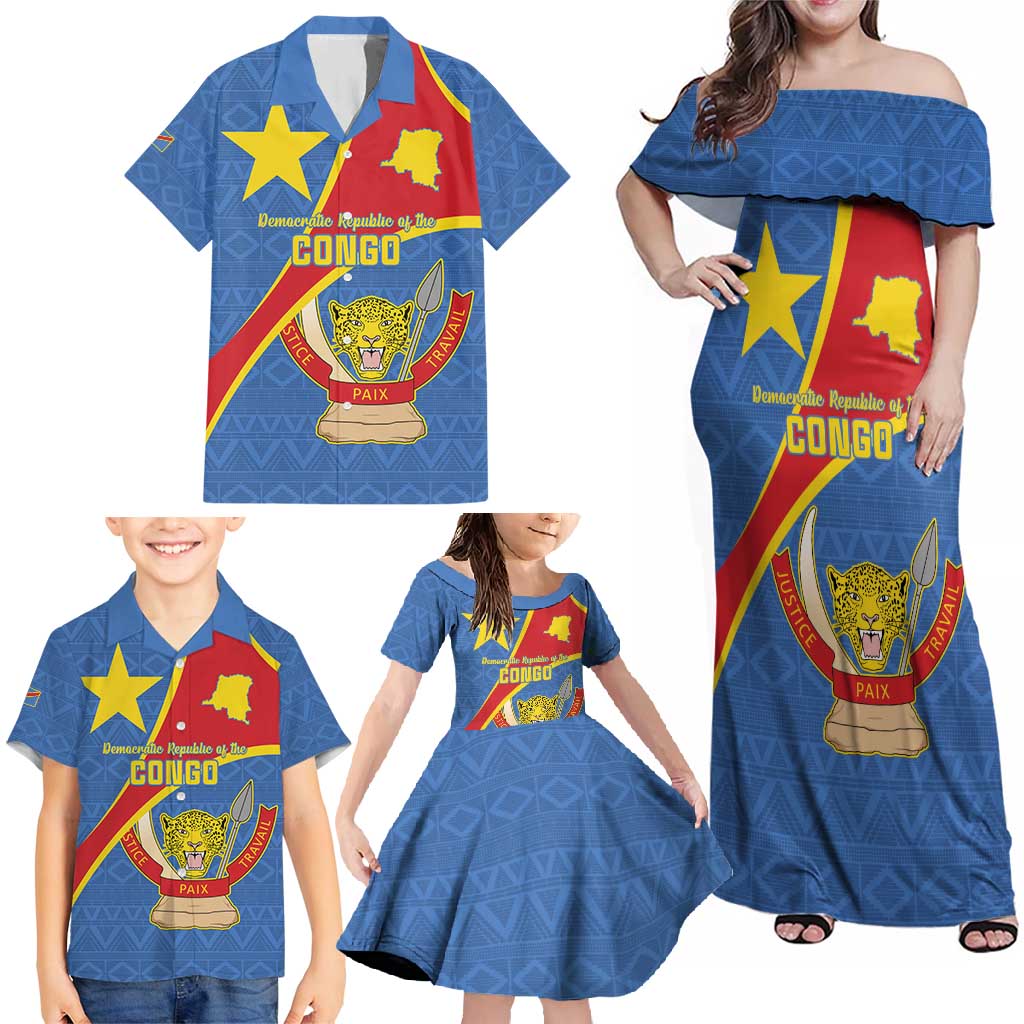 Personalised DR Congo Family Matching Off Shoulder Maxi Dress and Hawaiian Shirt Coat Of Arms African Pattern
