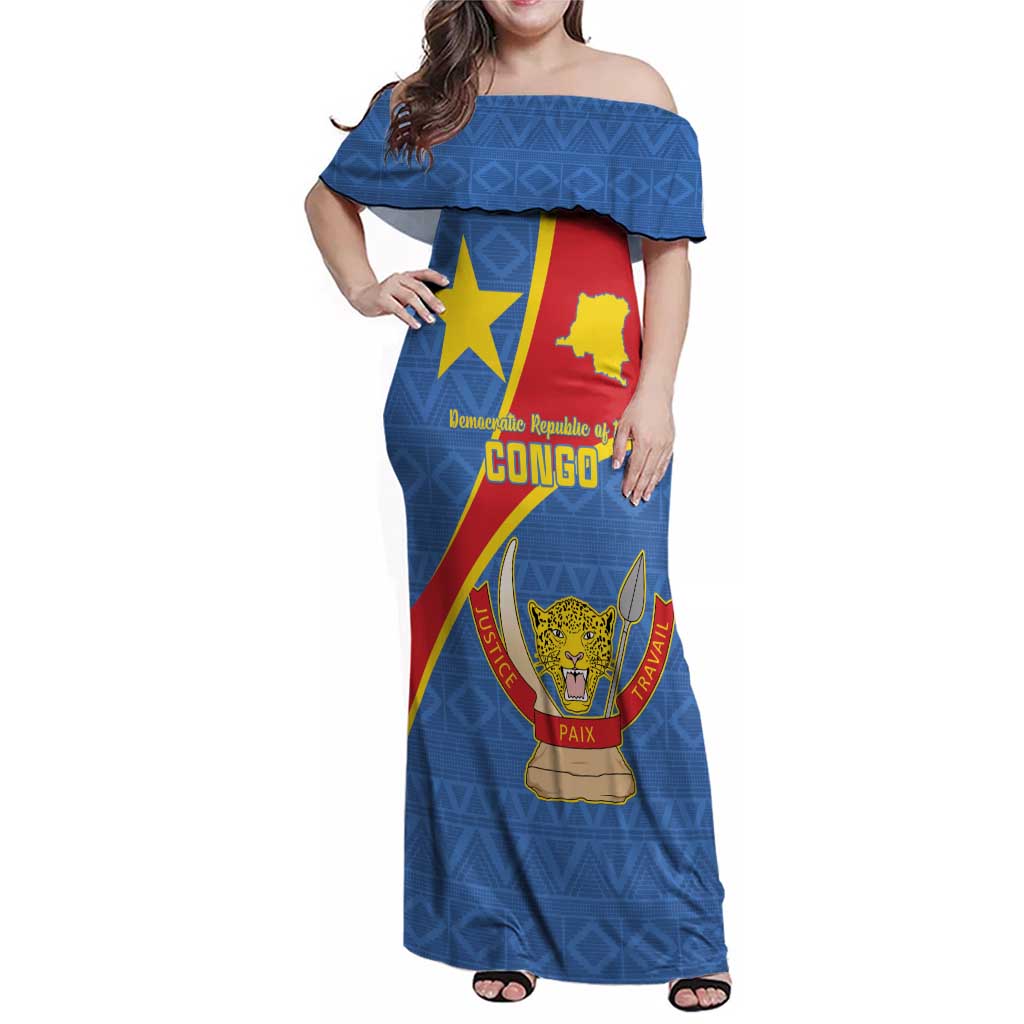 Personalised DR Congo Family Matching Off Shoulder Maxi Dress and Hawaiian Shirt Coat Of Arms African Pattern