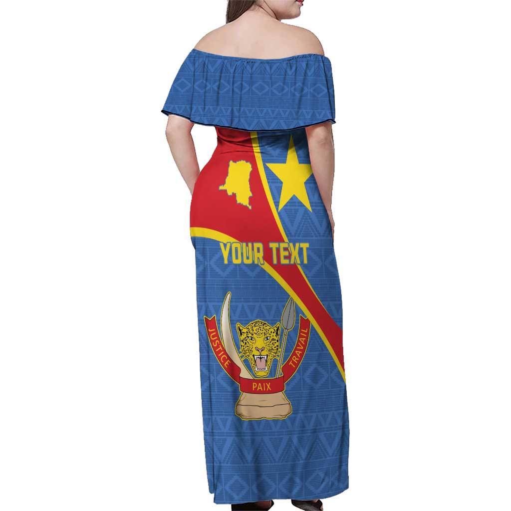 Personalised DR Congo Family Matching Off Shoulder Maxi Dress and Hawaiian Shirt Coat Of Arms African Pattern