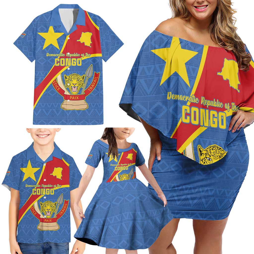 Personalised DR Congo Family Matching Off Shoulder Short Dress and Hawaiian Shirt Coat Of Arms African Pattern