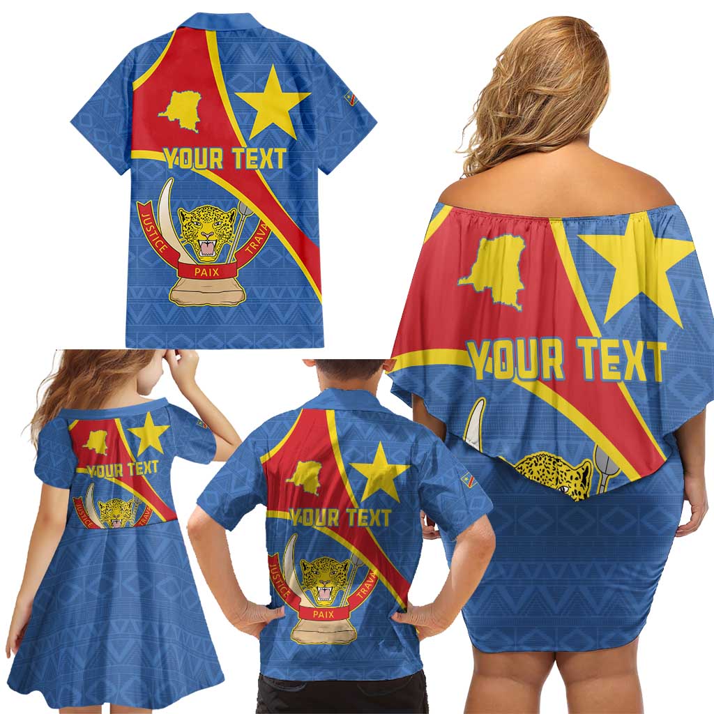 Personalised DR Congo Family Matching Off Shoulder Short Dress and Hawaiian Shirt Coat Of Arms African Pattern