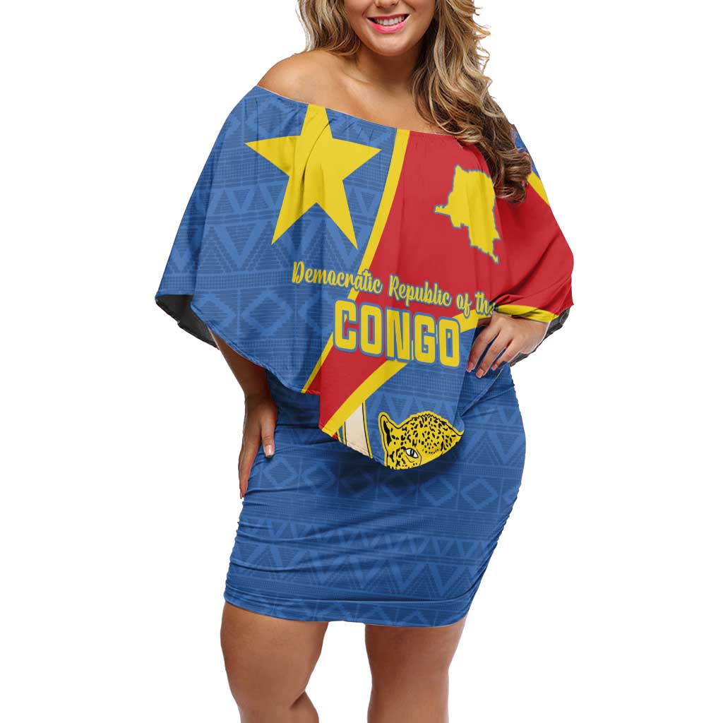 Personalised DR Congo Family Matching Off Shoulder Short Dress and Hawaiian Shirt Coat Of Arms African Pattern