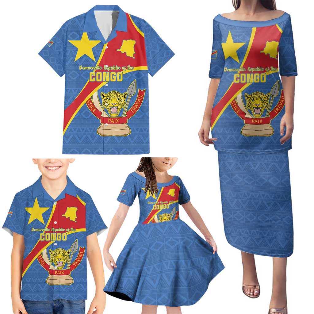 Personalised DR Congo Family Matching Puletasi and Hawaiian Shirt Coat Of Arms African Pattern