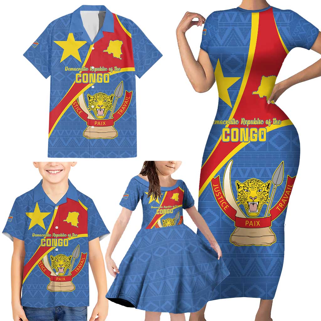 Personalised DR Congo Family Matching Short Sleeve Bodycon Dress and Hawaiian Shirt Coat Of Arms African Pattern
