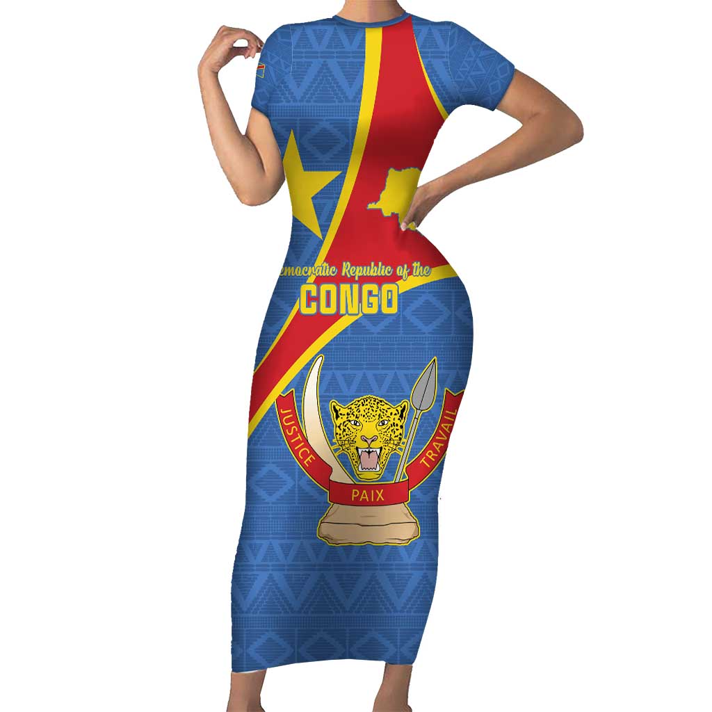 Personalised DR Congo Family Matching Short Sleeve Bodycon Dress and Hawaiian Shirt Coat Of Arms African Pattern