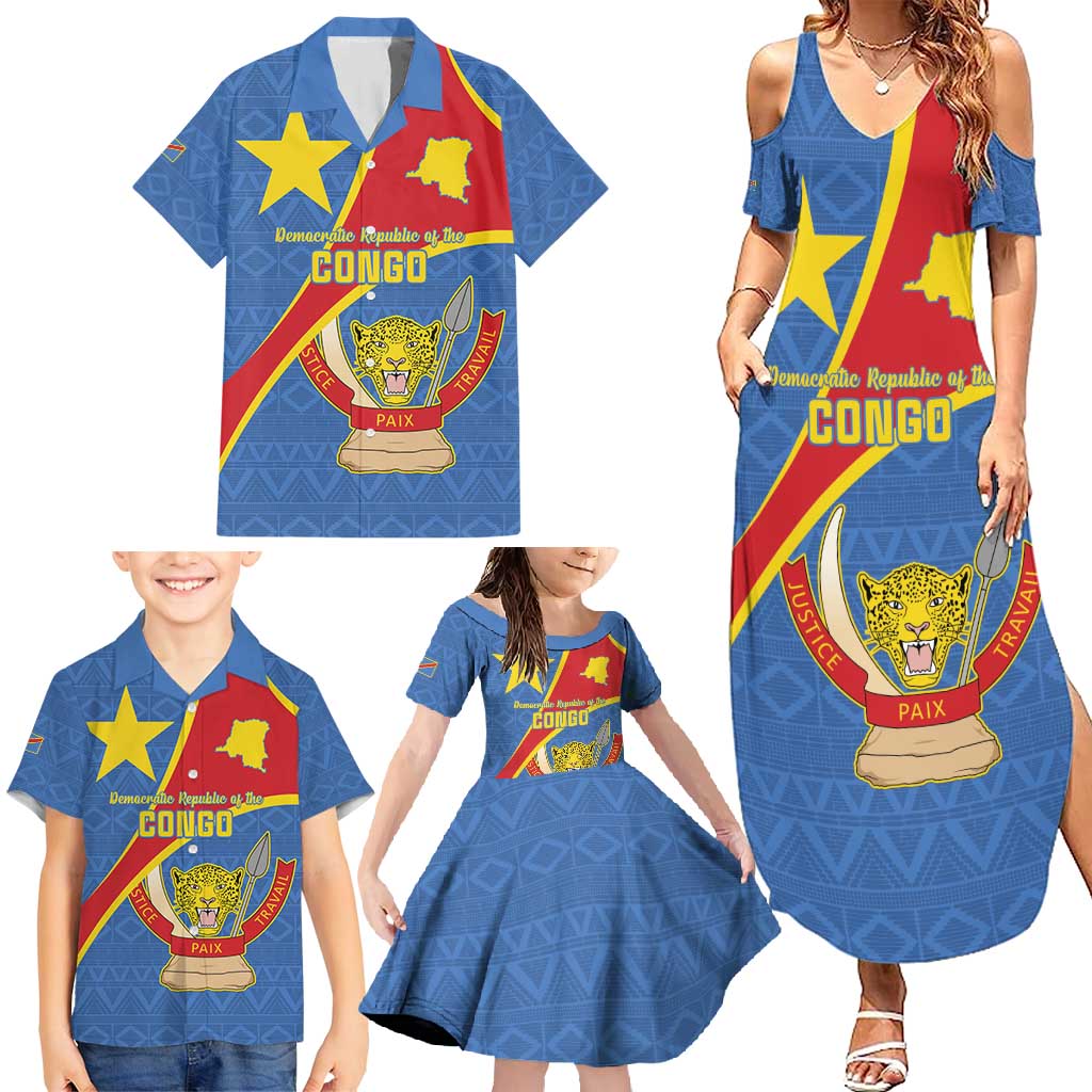 Personalised DR Congo Family Matching Summer Maxi Dress and Hawaiian Shirt Coat Of Arms African Pattern