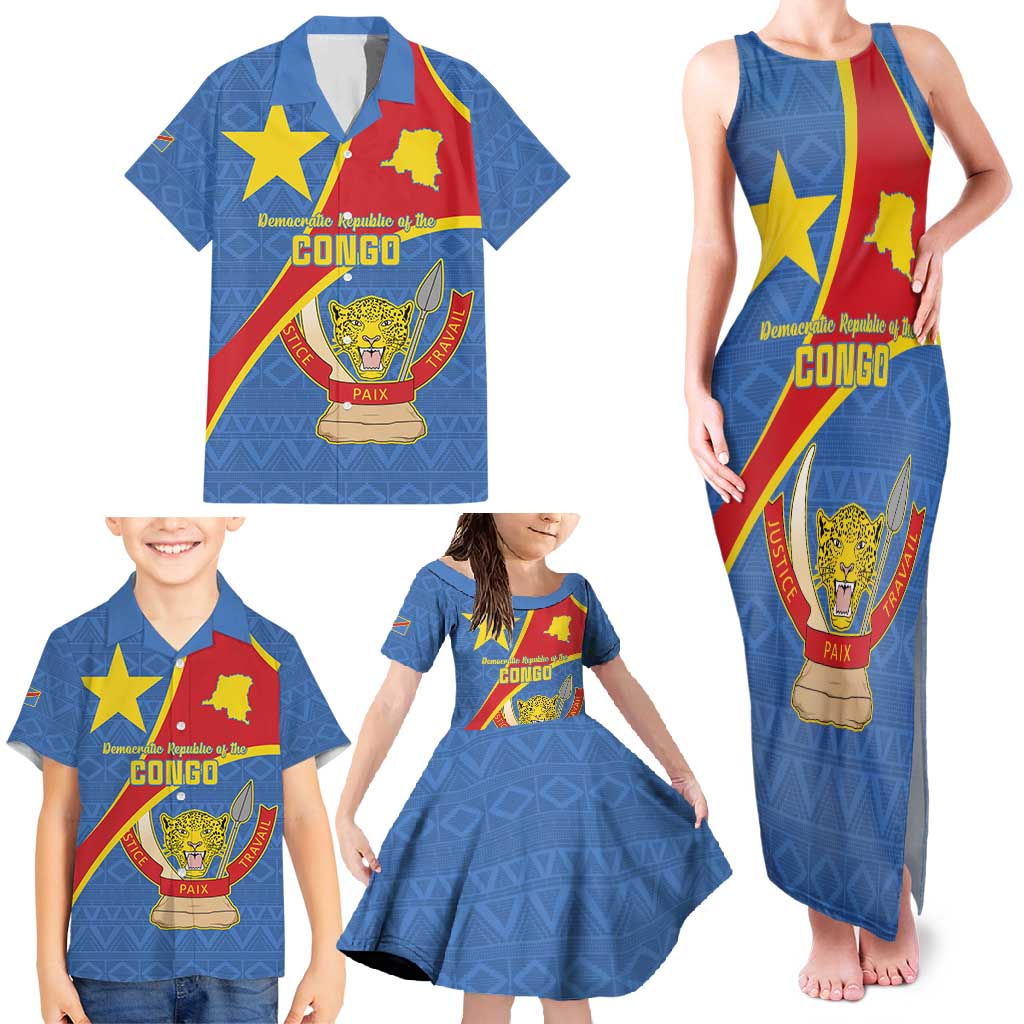 Personalised DR Congo Family Matching Tank Maxi Dress and Hawaiian Shirt Coat Of Arms African Pattern