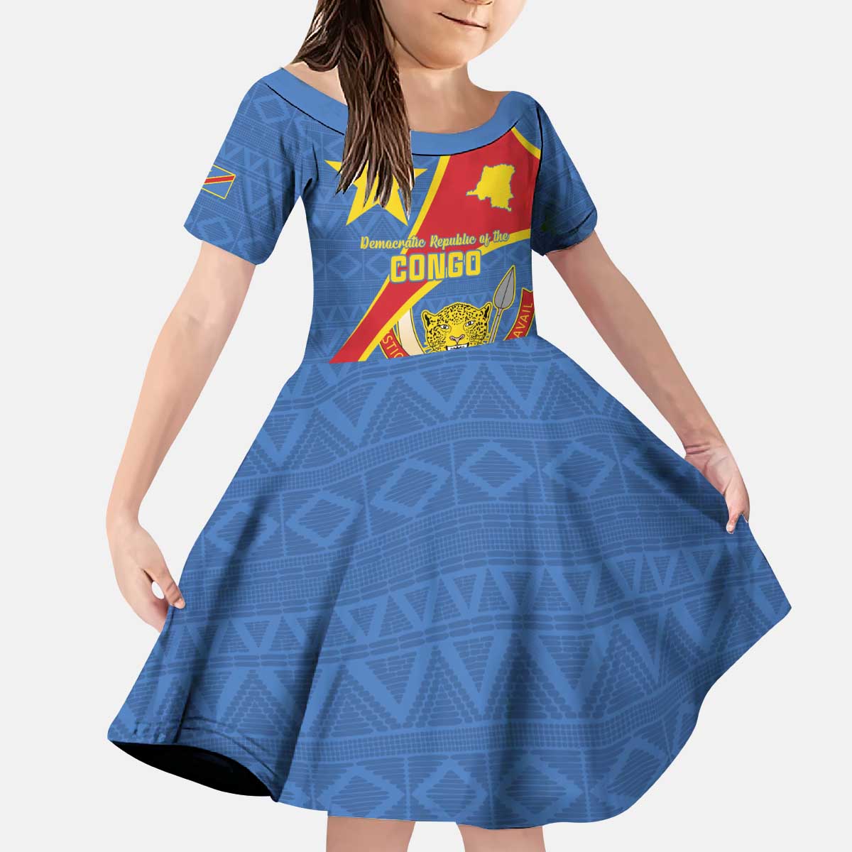 Personalised DR Congo Kid Short Sleeve Dress Coat Of Arms African Pattern