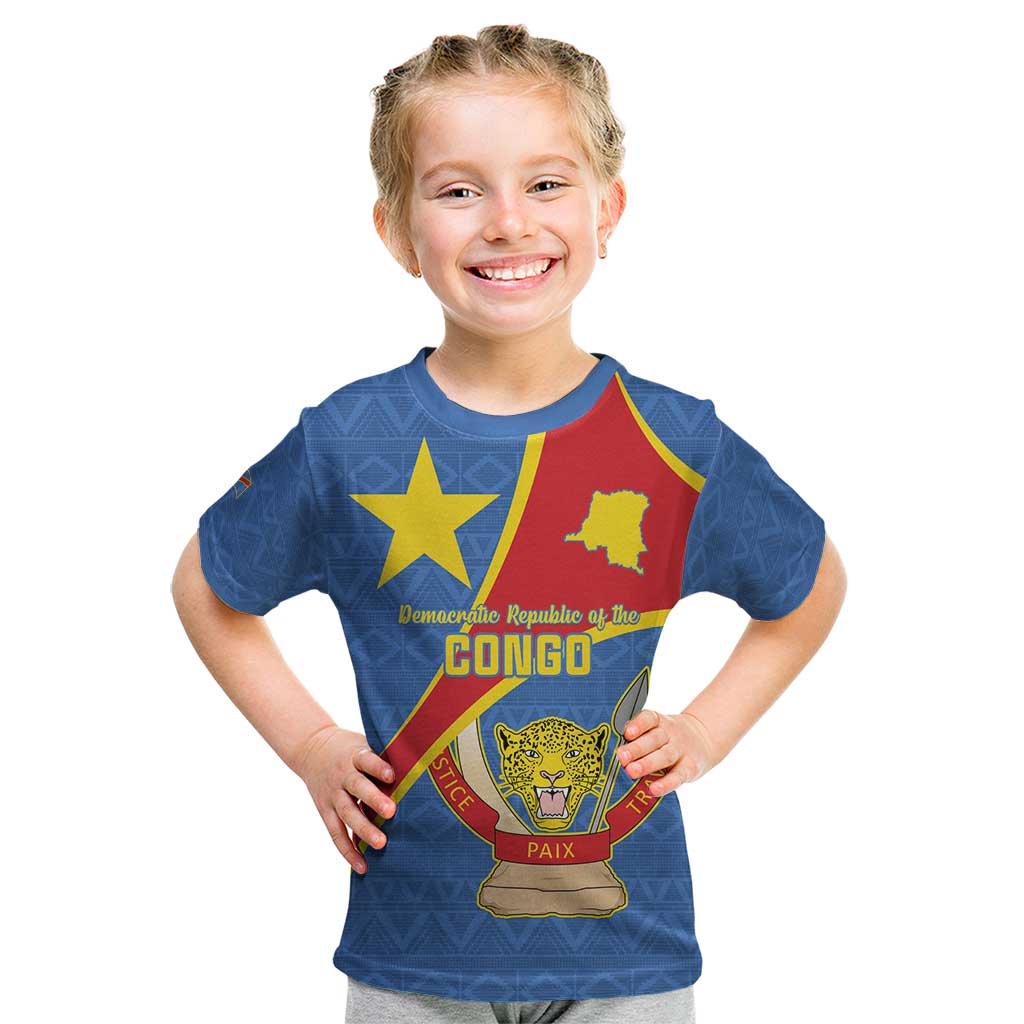 Personalised DR Congo Kid T Shirt Coat Of Arms African Pattern