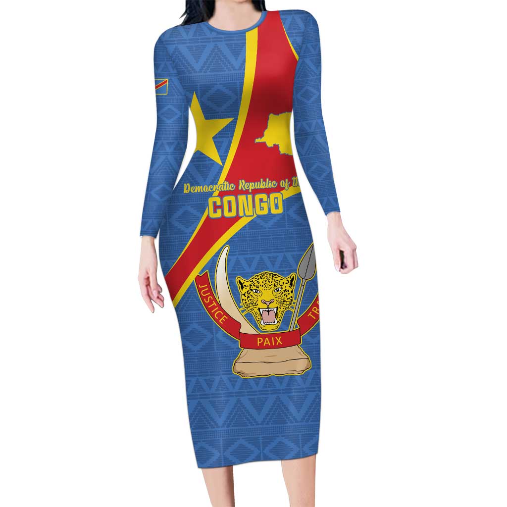 Personalised DR Congo Long Sleeve Bodycon Dress Coat Of Arms African Pattern