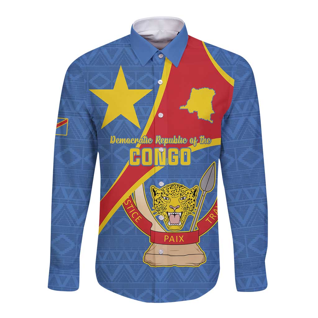 Personalised DR Congo Long Sleeve Button Shirt Coat Of Arms African Pattern