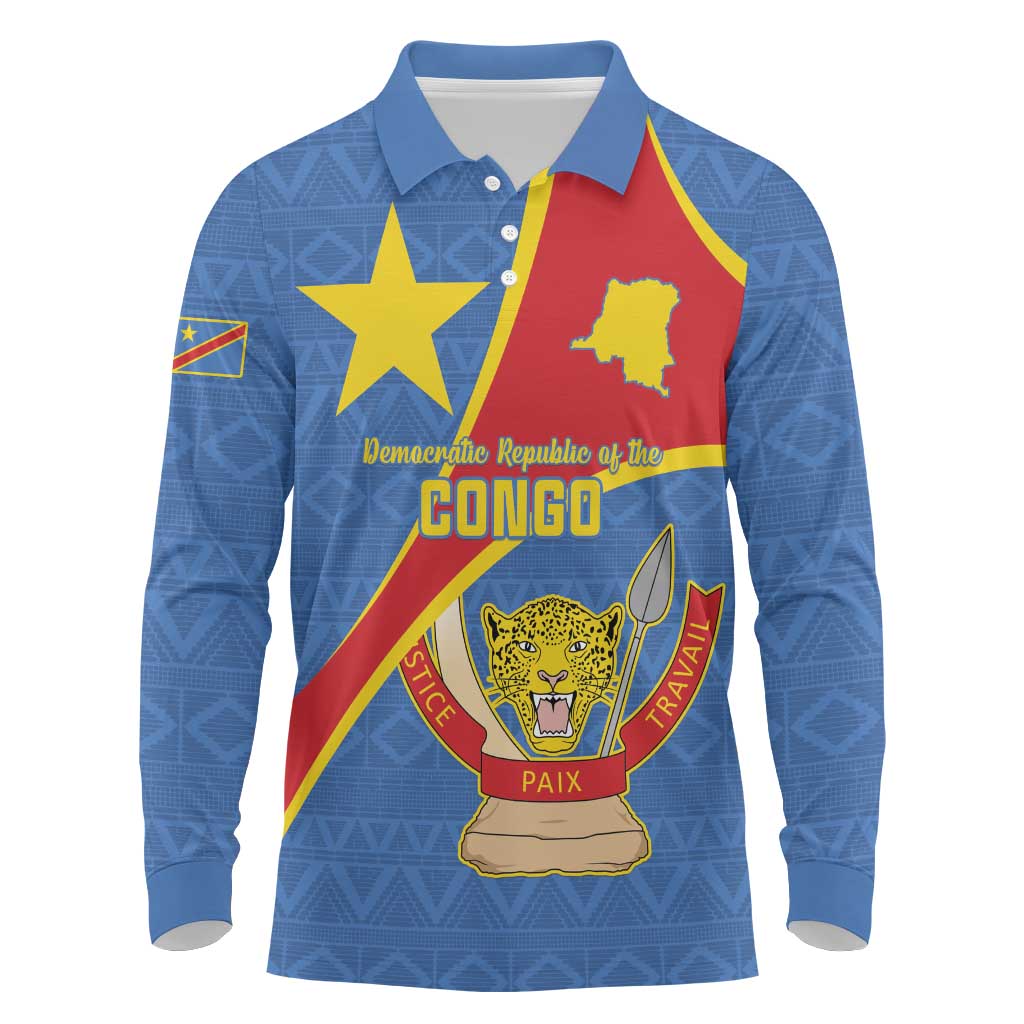 Personalised DR Congo Long Sleeve Polo Shirt Coat Of Arms African Pattern