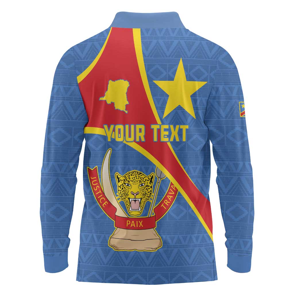 Personalised DR Congo Long Sleeve Polo Shirt Coat Of Arms African Pattern