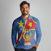 Personalised DR Congo Long Sleeve Polo Shirt Coat Of Arms African Pattern