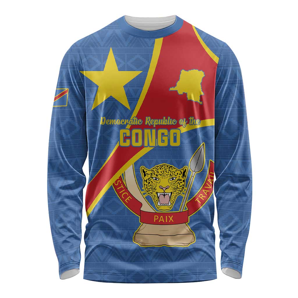 Personalised DR Congo Long Sleeve Shirt Coat Of Arms African Pattern