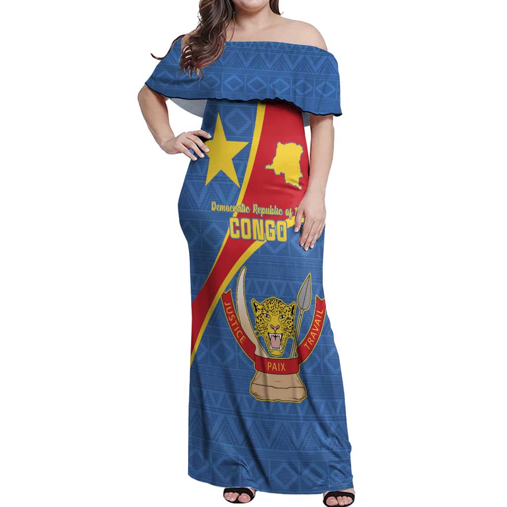 Personalised DR Congo Off Shoulder Maxi Dress Coat Of Arms African Pattern