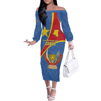 Personalised DR Congo Off The Shoulder Long Sleeve Dress Coat Of Arms African Pattern