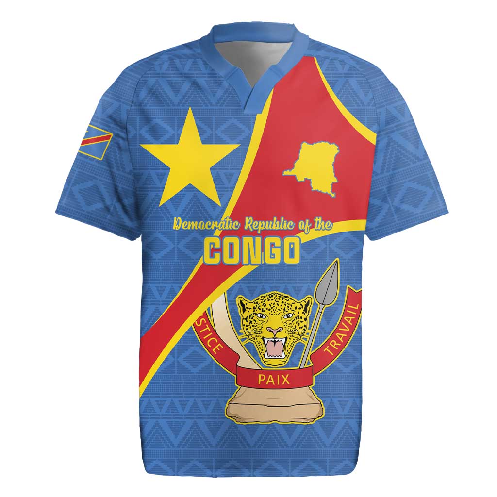Personalised DR Congo Rugby Jersey Coat Of Arms African Pattern