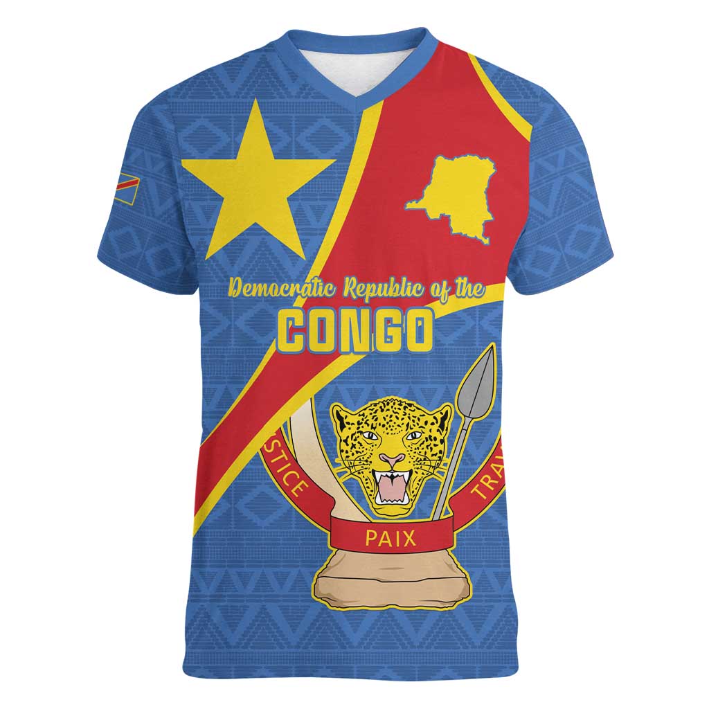 Personalised DR Congo Women V-Neck T-Shirt Coat Of Arms African Pattern