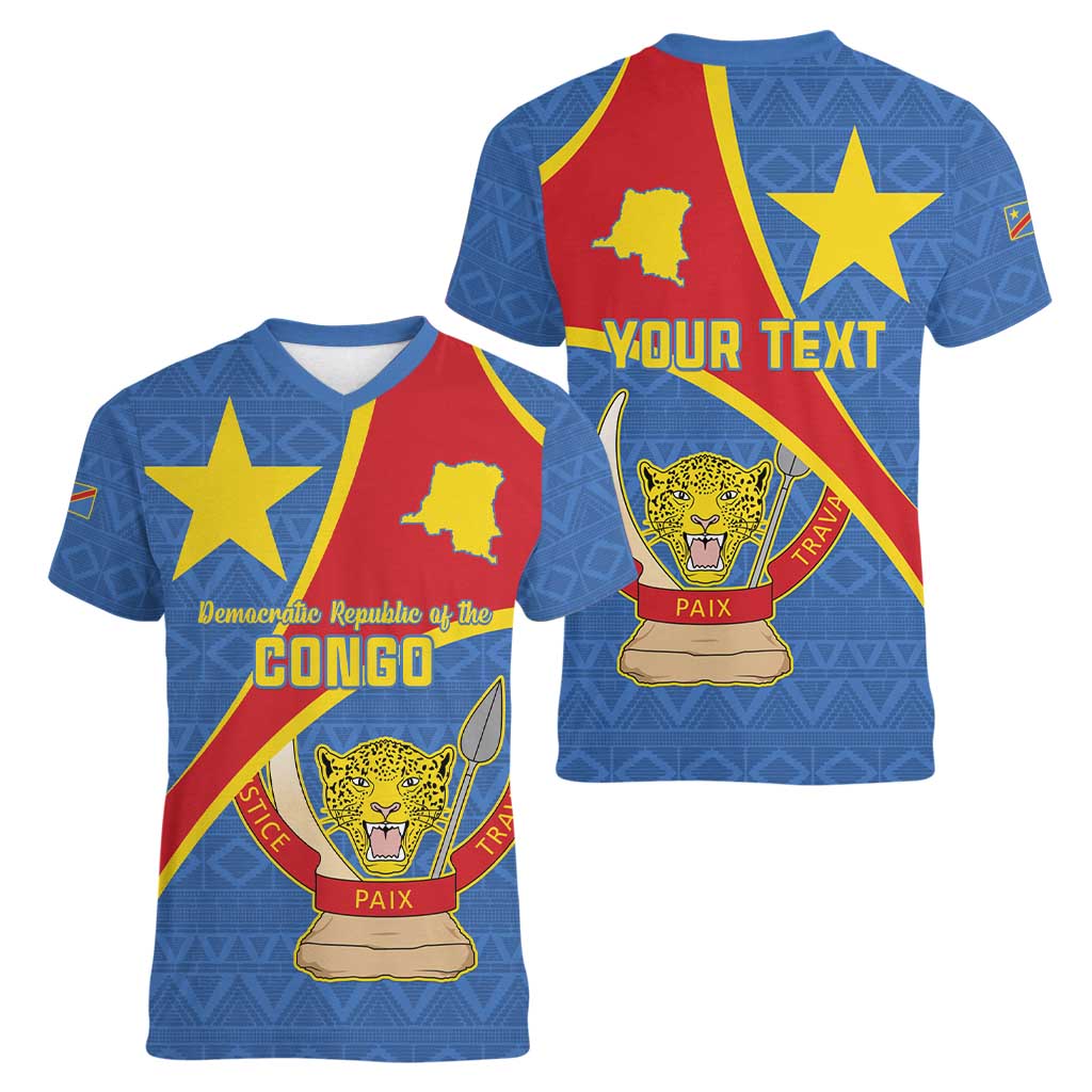 Personalised DR Congo Women V-Neck T-Shirt Coat Of Arms African Pattern