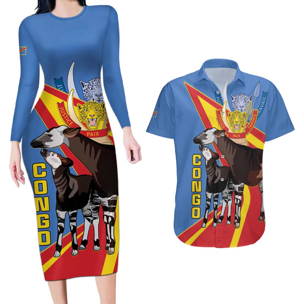 DR Congo Okapi Couples Matching Long Sleeve Bodycon Dress and Hawaiian Shirt With Coat Of Arms